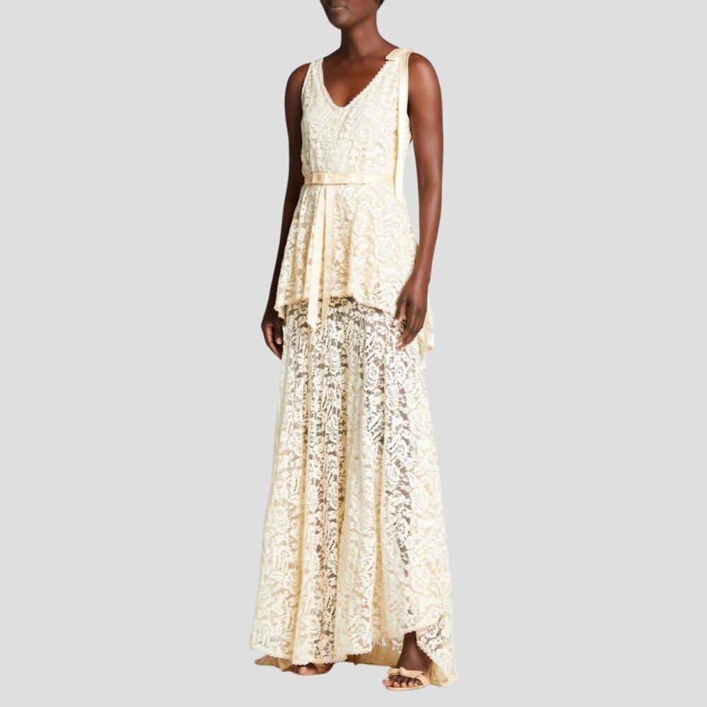 LoveShackFancy Brent Maxi Gown Beige Floral Lace Tiered Sweep Hemline Small S